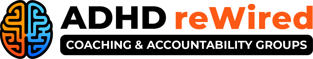 ADHD reWired Coaching and Accountability Groups with orange and blue brain logo