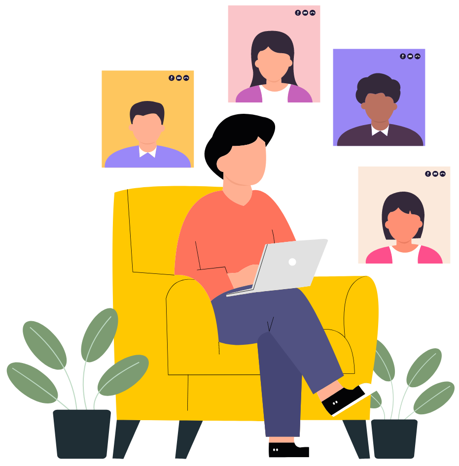 Simple cartoon graphic of person sitting on a chair talking to 4 other people who are depicted around the person