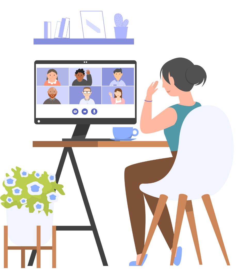Simple Cartoon graphic of woman sitting at a desk on a video conference call with 6 other people.