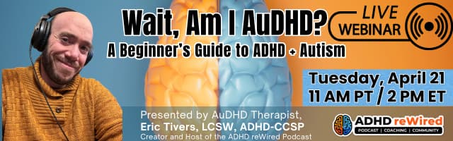 Webinar banner about AuDHD with split brain graphic